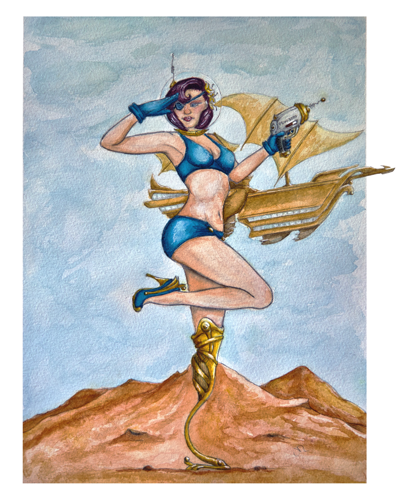 Water color illustration: Pirate pinup with ornate prosthetic leg