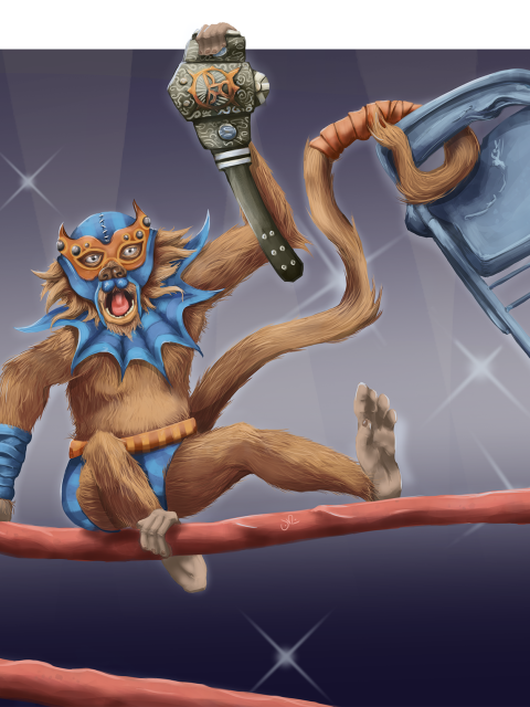Illustration: Spider monkey luchador holding belt and chair